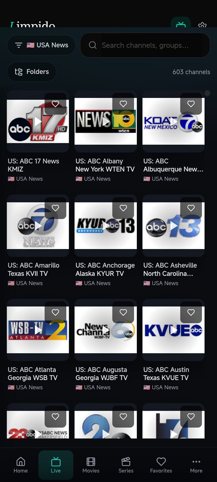 The live list filtered to US news stations — six hundred channels deep.