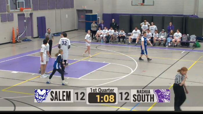 A basketball game with its scoreboard in the top-right tile.